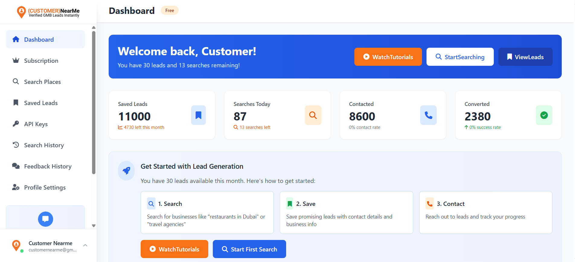CustomerNearme Dashboard — Real-Time Google Maps Business Leads